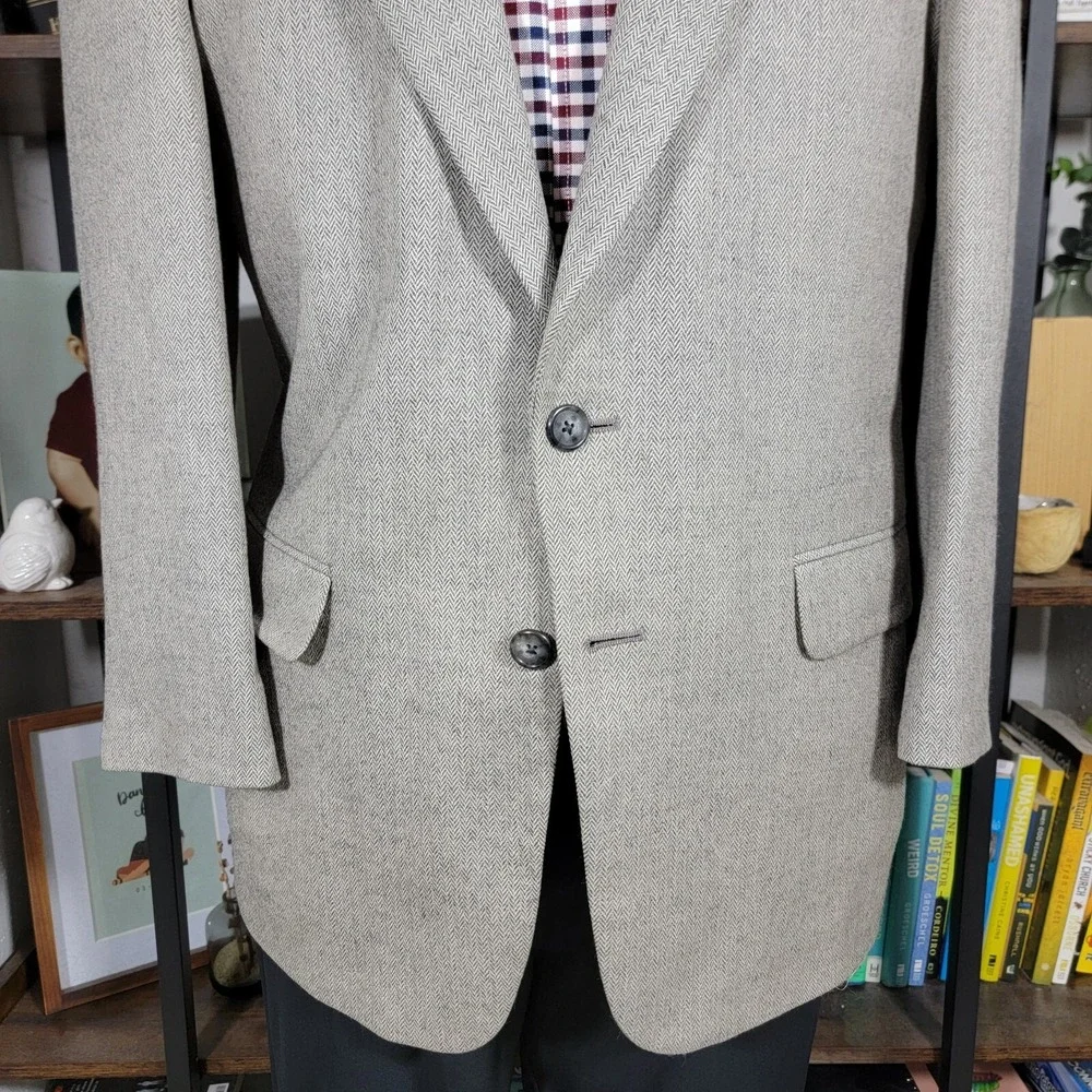 Lands‎ End Men's Sport Coat Blazer Two Button Herringbone Beige Wool Size 41R